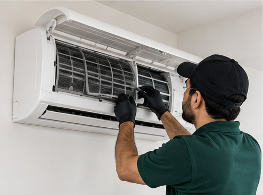 Technician cleaning a split AC indoor unit in Dubai