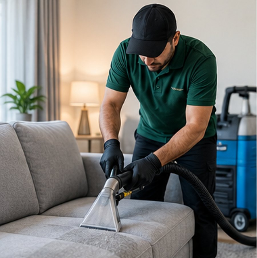 Technician steam-cleaning a sofa - Nayel Tech and Cleaning Services